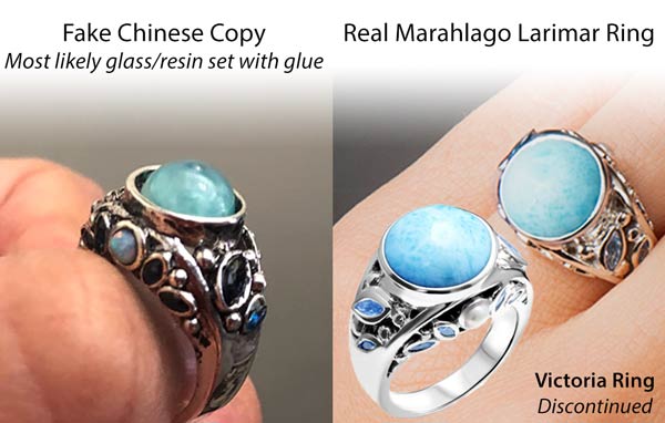 Real Marahlago Victoria Larimar Ring next to a fake resin ring from amazon.