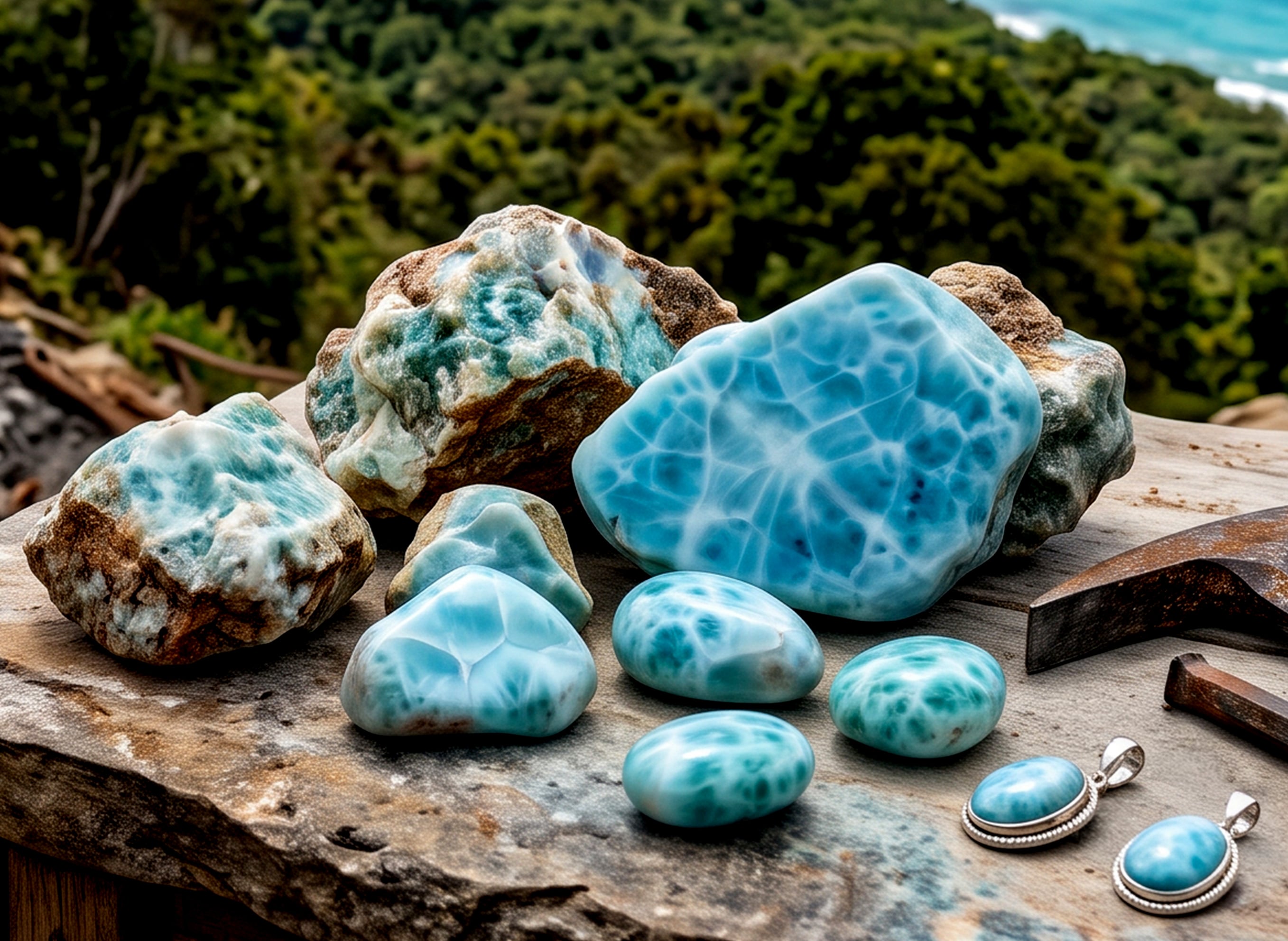 Woman wearing a Larimar pendant necklace