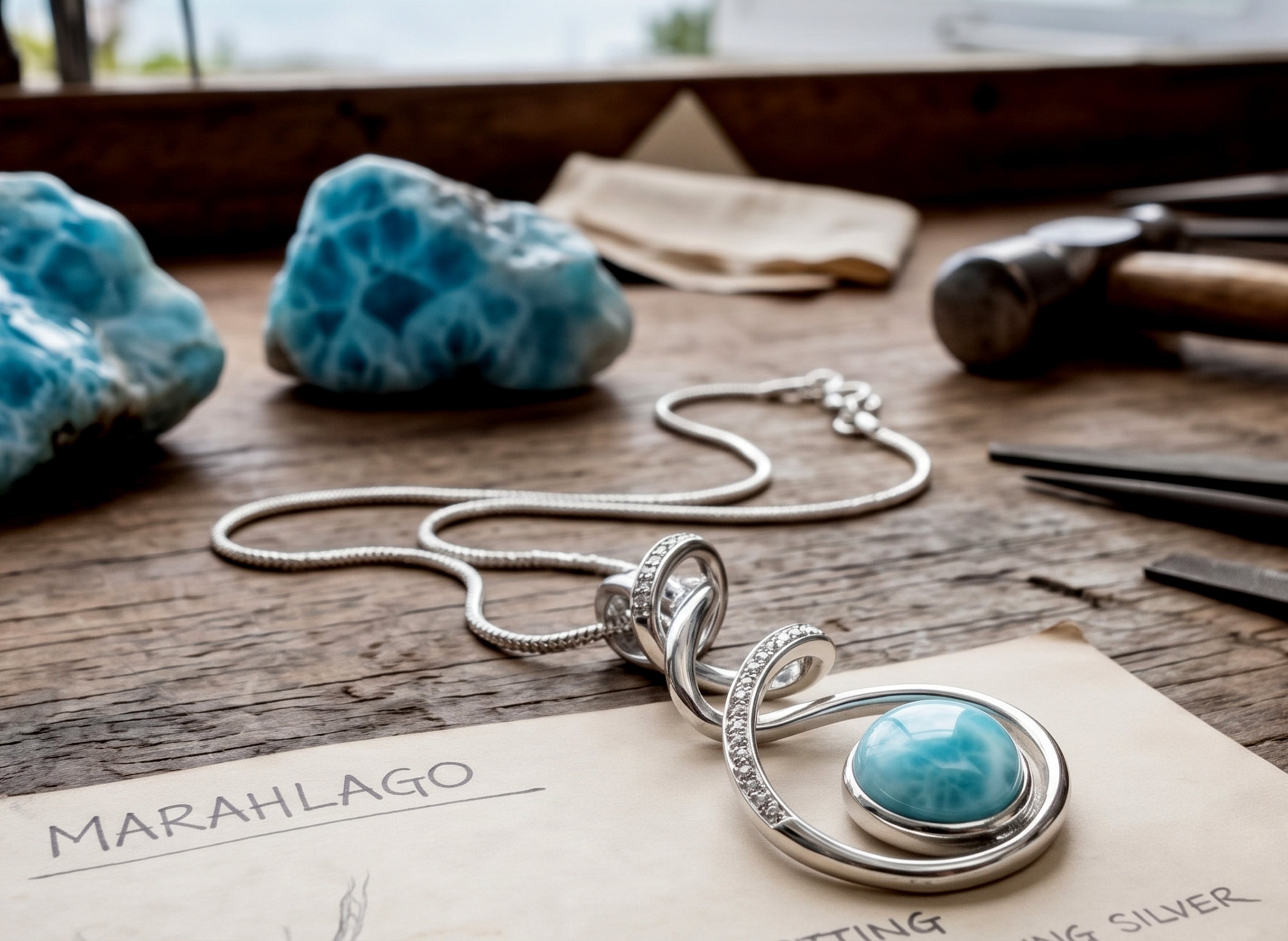 Larimar beaded bracelet resting on white coral