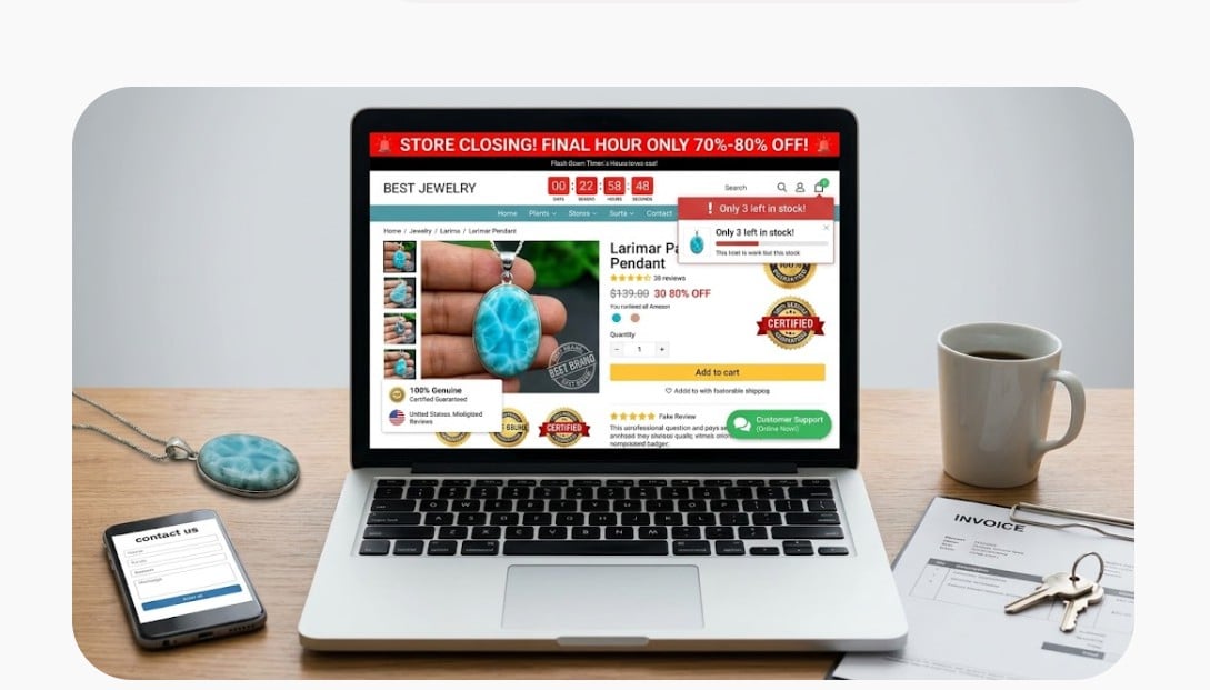 Laptop showing a jewelry website with a fake 70%–80% off store closing banner