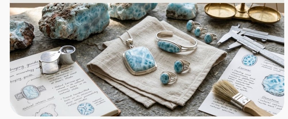 Larimar rough stones, a Larimar pendant, bracelet and rings with a jeweler's loupe, scale and calipers