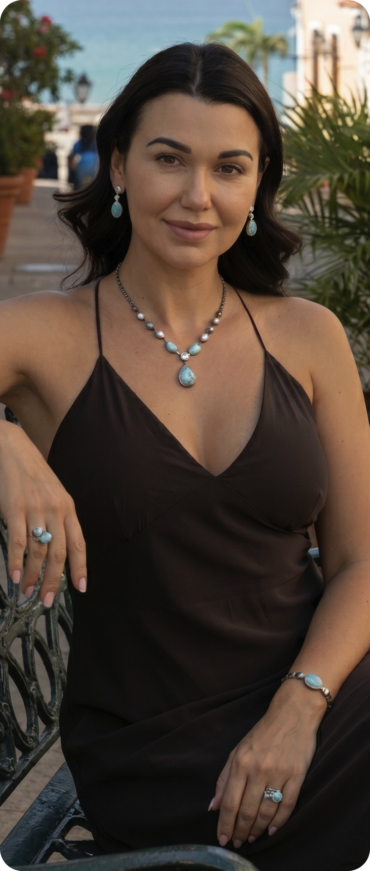 Woman wearing Larimar jewelry