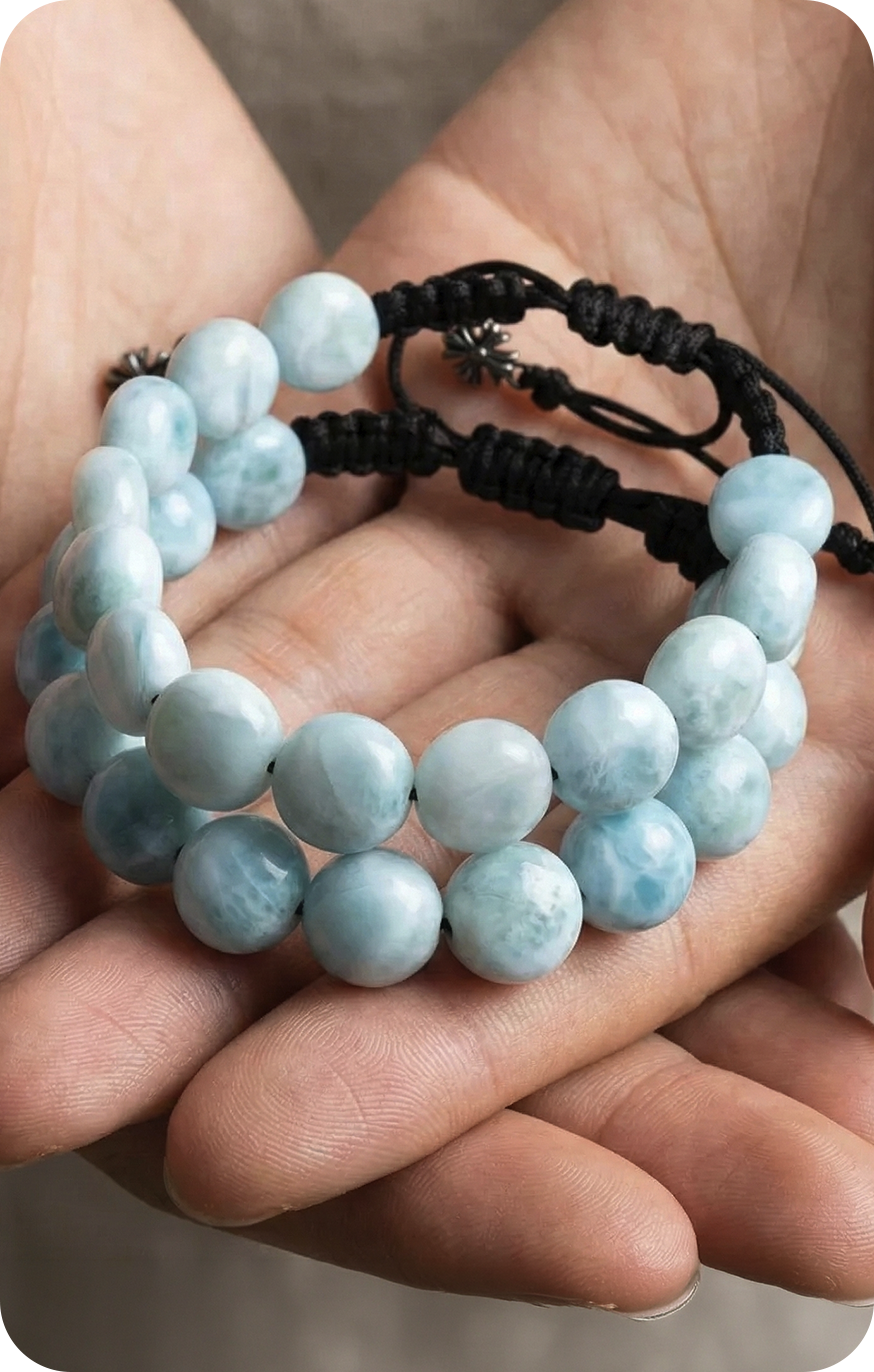 Hands holding a Larimar bracelet