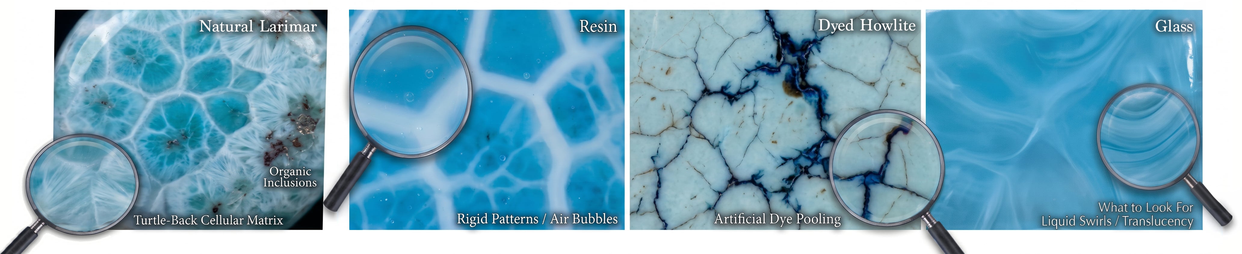 Natural Larimar turtle-back matrix compared with resin, dyed and glass counterfeits under magnification
