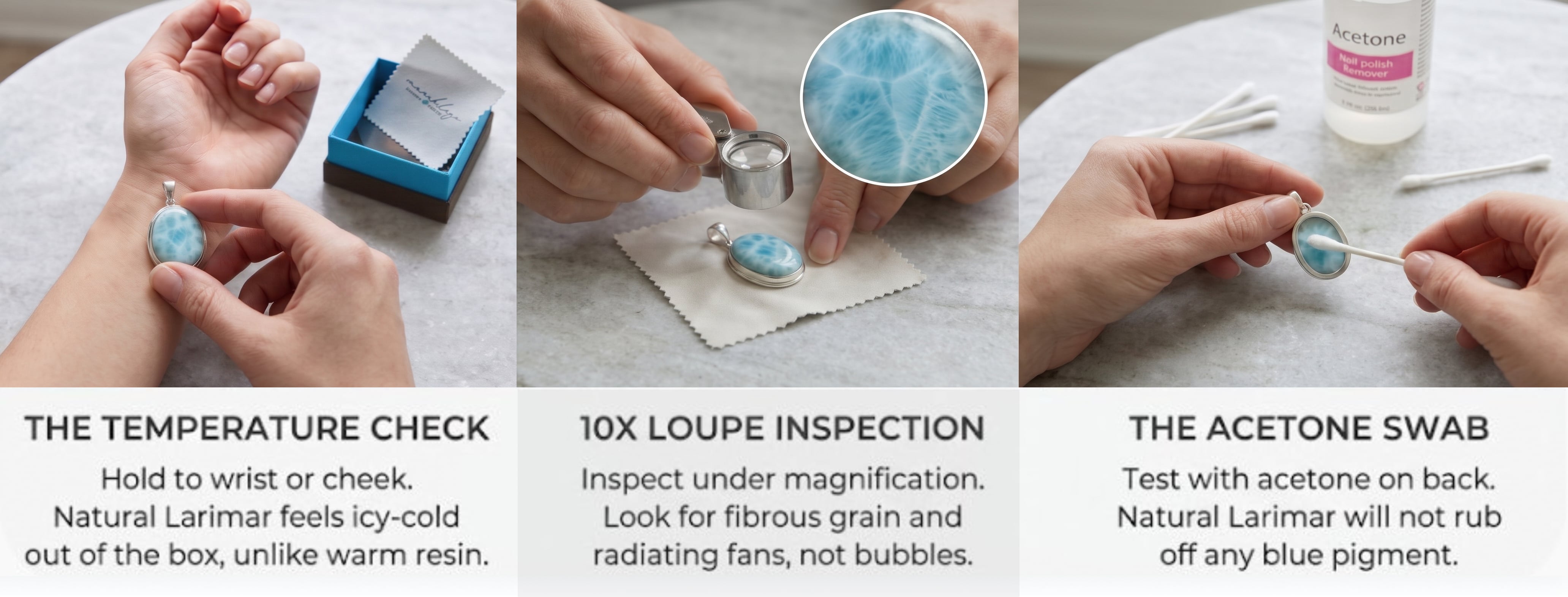 Three safe home tests for Larimar: temperature check, 10x loupe inspection and acetone swab
