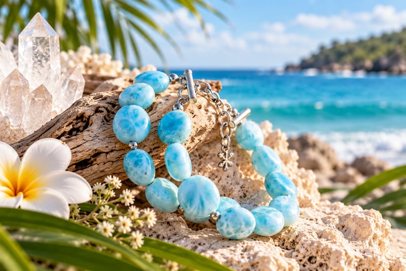 Larimar beaded bracelet resting on white coral