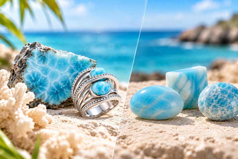 Rough and polished Larimar stones side by side