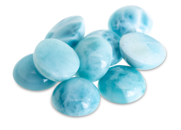 Smooth pebbles of Larimar. There are deep blue and high quality Larimar gemstones.