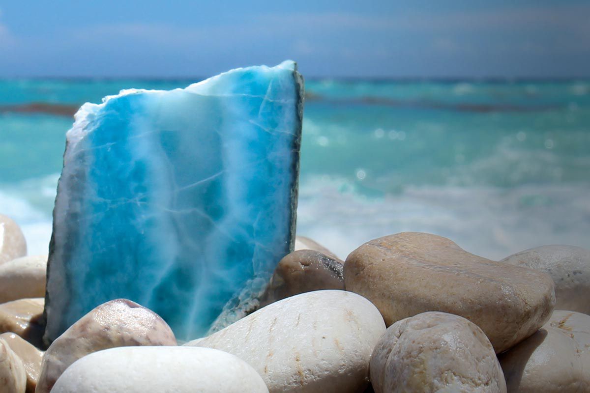 Cut Larimar stone on the beach of the Dominican Republic.