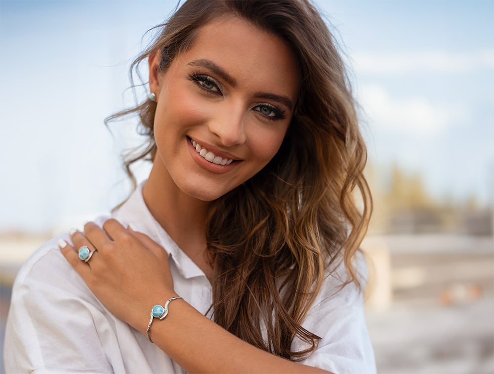 Silver Bolo Bracelet with larimar gemstones by marahlago jewelry
