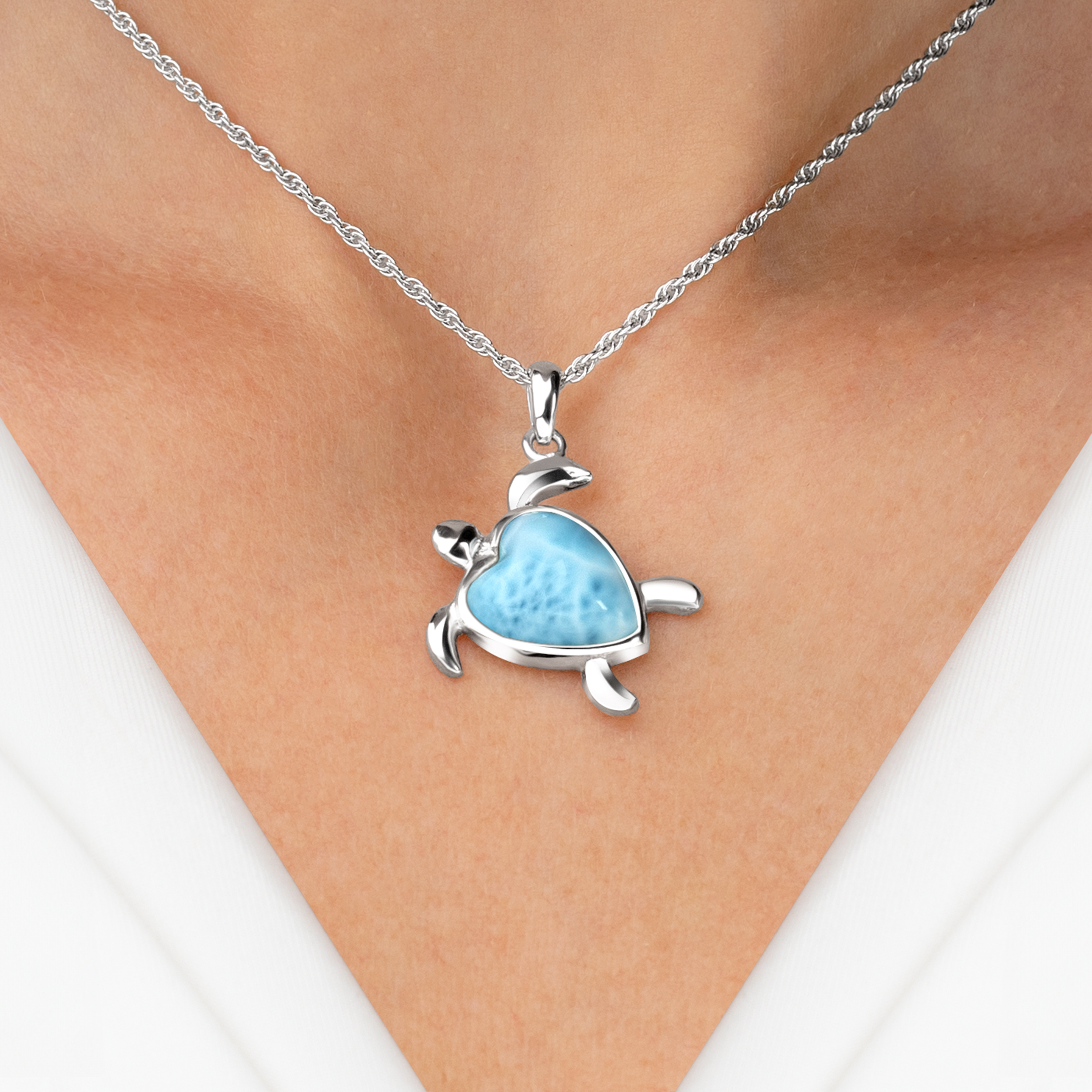 925 Sterling Silver Turtle Pendant Necklace With Natural Larimar Gemstone - 18 Inch Chain, High Polished