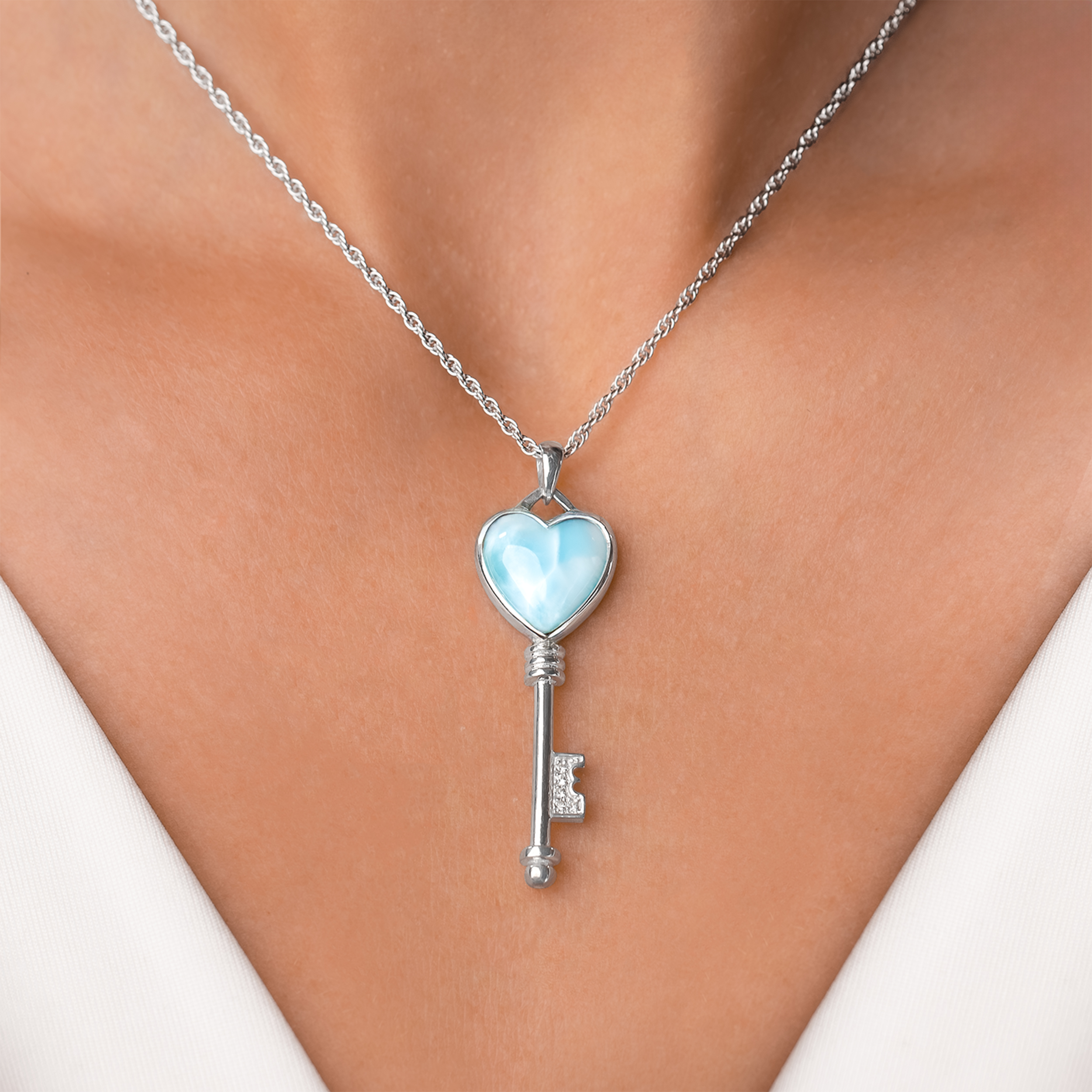 Marahlago Key Heart Larimar Stone Sterling Silver Necklace