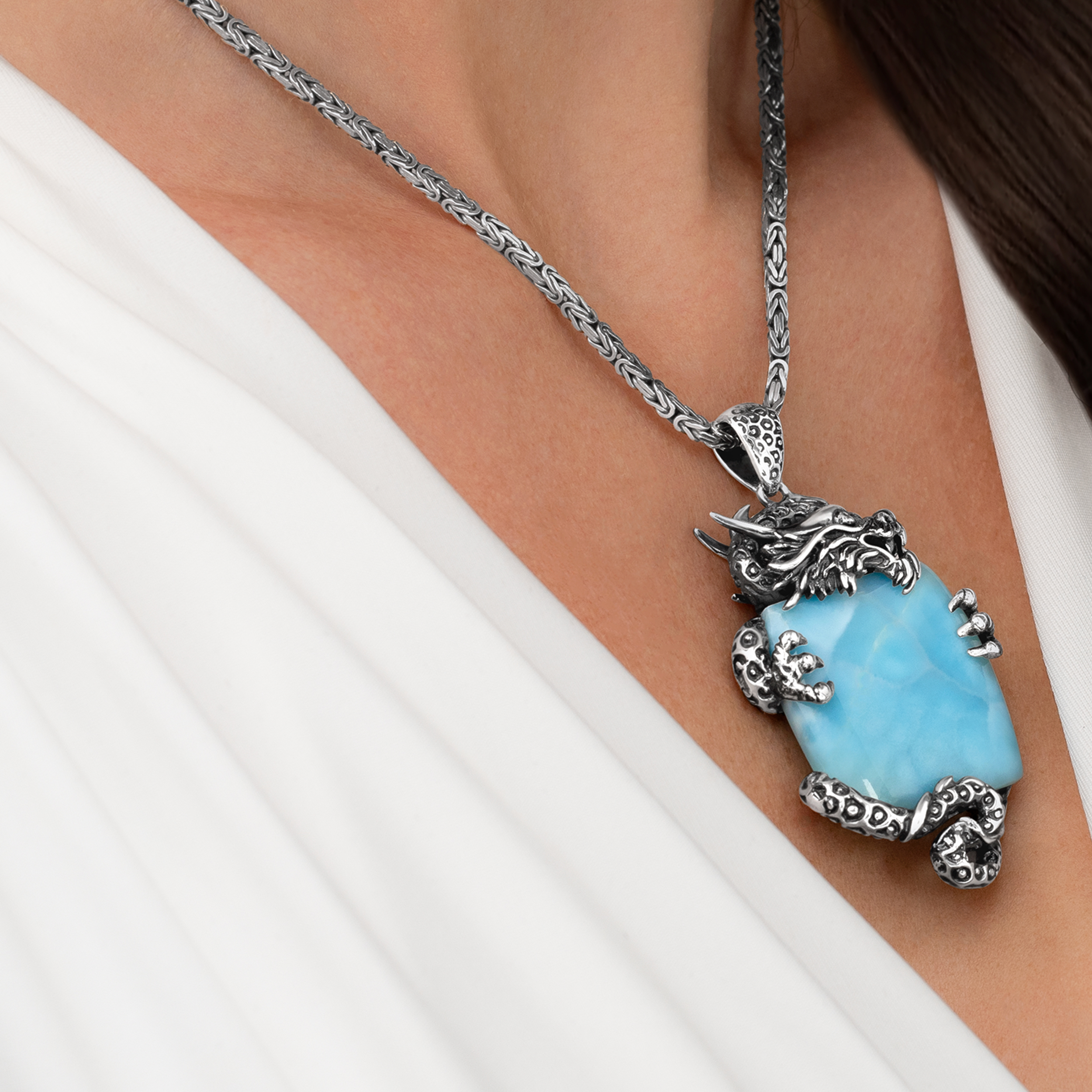 Larimar Dragon Necklace Sterling Silver Pendant Jewelry