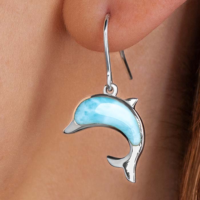 Dolphin Earrings set in sterling silver by Marahlago Larimar