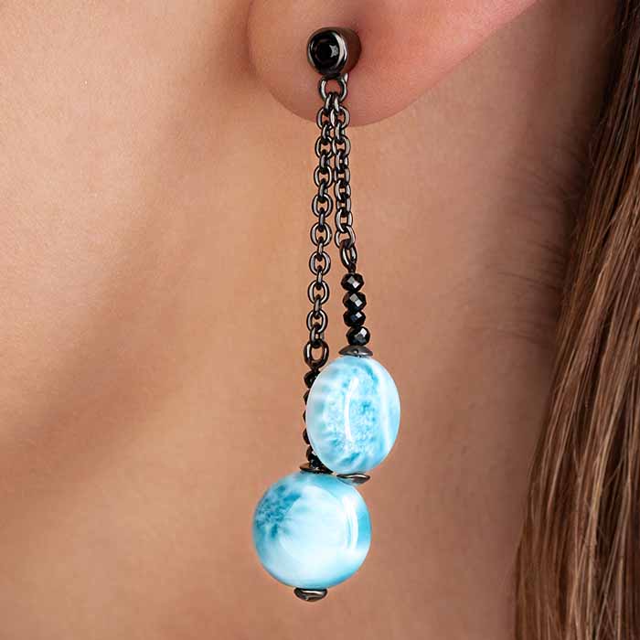 Black Spinel Earrings in silver and larimar by marahlago