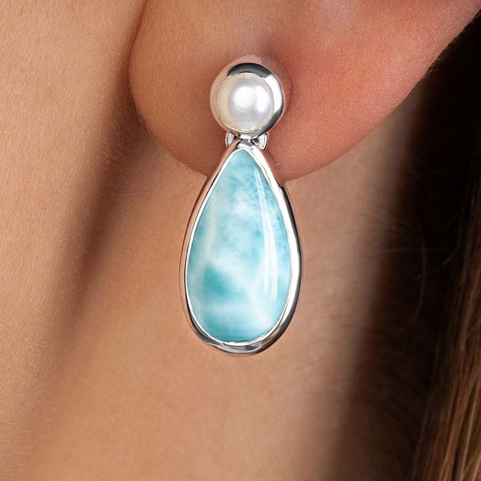 Pearl and Larimar Earrings in silver by marahlago