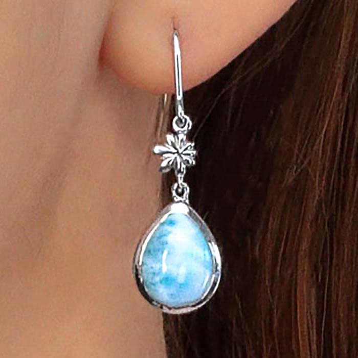 Larimar Sterling Silver ML Logo Wire Earrings Marahlago Jewelry pear Gemstone