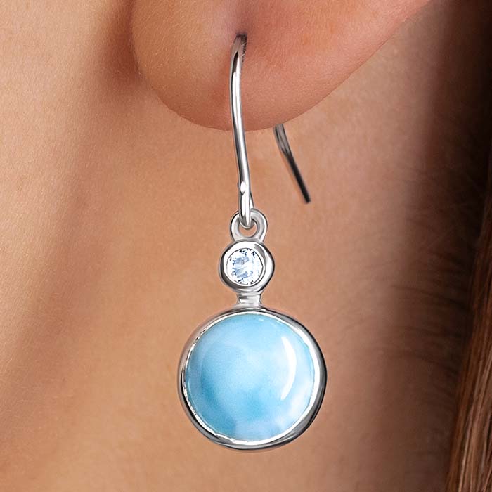 Larimar Sterling Silver Splash Wire Earrings Marahlago Jewelry round Gemstone Blue Spinel 