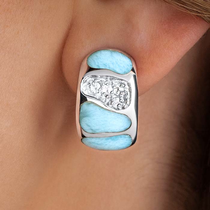 Larimar Sterling Silver Surf Omega Earrings Marahlago Jewelry White Topaz