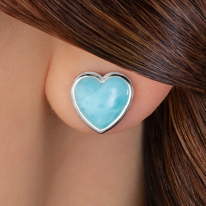 Heart Stud Earrings with Larimar Gemstones