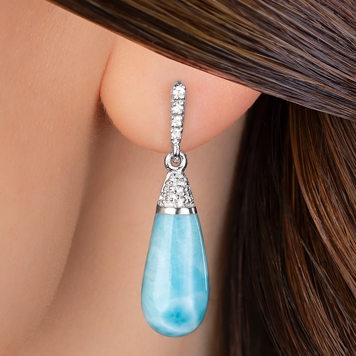 Larimar Sterling Silver Lucia Post Earrings Marahlago Jewelry pear Gemstone White Sapphire 