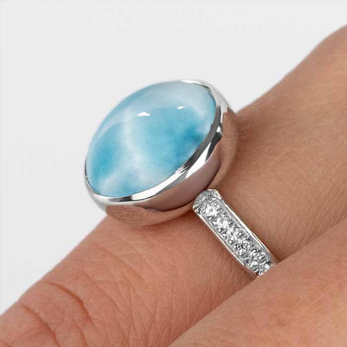Round Ring with White Sapphire in silver with larimar by marahlago