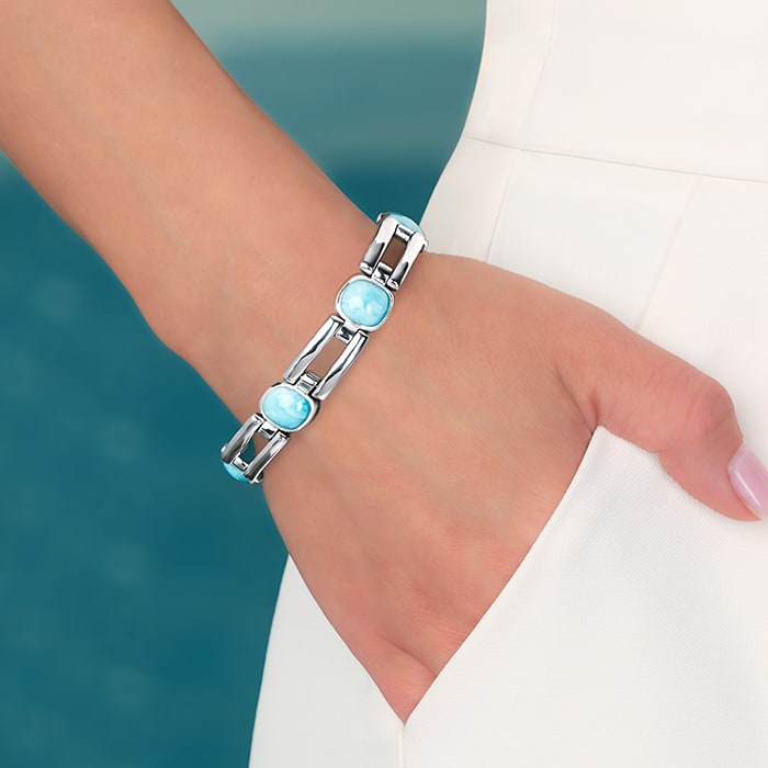 Larimar Sterling Silver Adjustable Link Bracelet Marahlago Jewelry Del Mar square Gemstone 