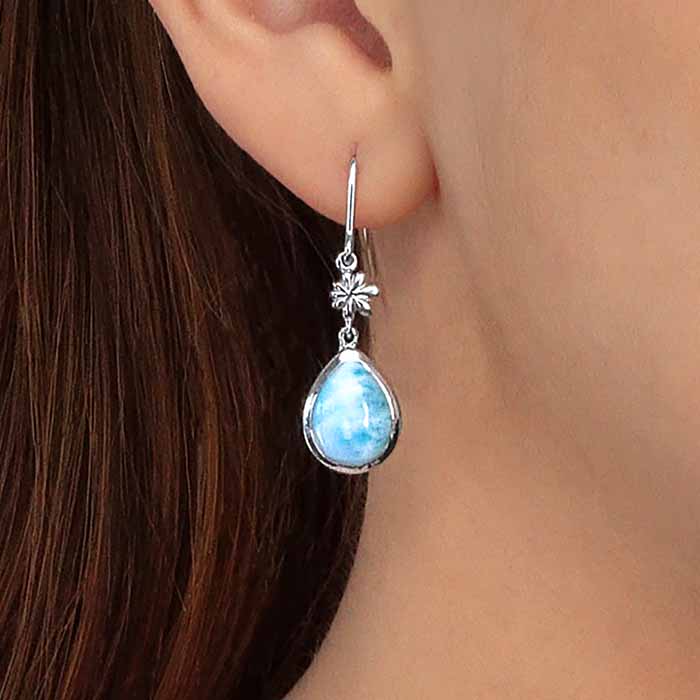 Larimar Sterling Silver ML Logo Wire Earrings Marahlago Jewelry pear Gemstone 