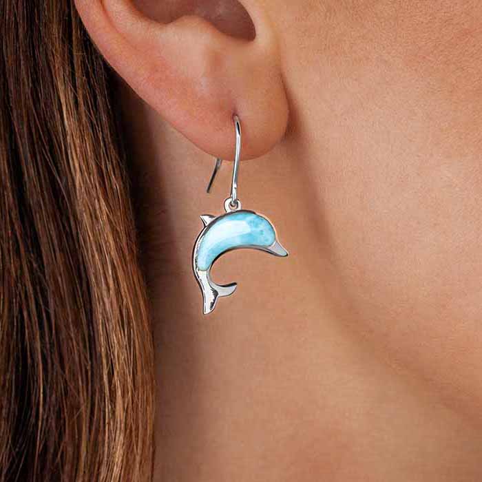 Dolphin Earrings set in sterling silver by Marahlago Larimar