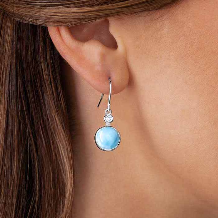 Larimar Sterling Silver Splash Wire Earrings Marahlago Jewelry round Gemstone Blue Spinel 