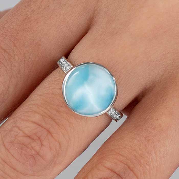 Round Ring with White Sapphire in silver with larimar by marahlago