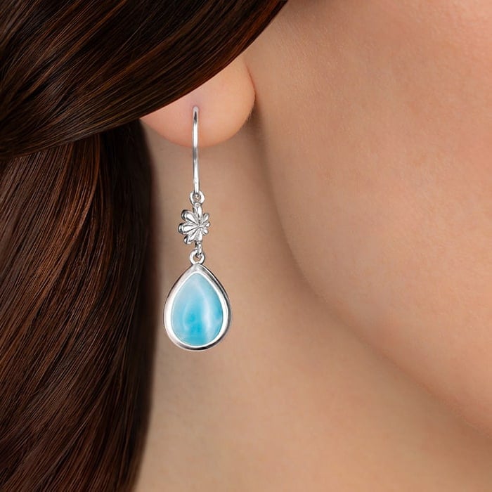 Larimar Sterling Silver ML Logo Wire Earrings Marahlago Jewelry pear Gemstone 