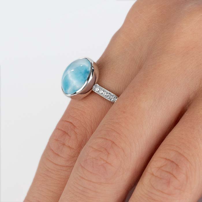 Round Ring with White Sapphire in silver with larimar by marahlago