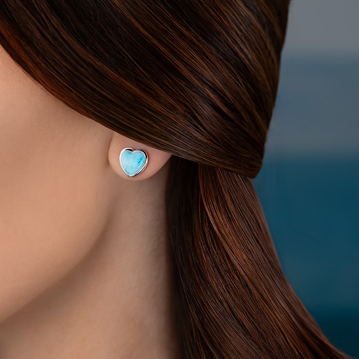 Heart stud silver earring with larimar
