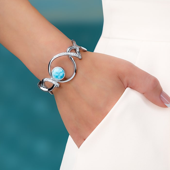 Silver Cuff Bracelet in sterling silver with larimar and white topaz by marahlago 