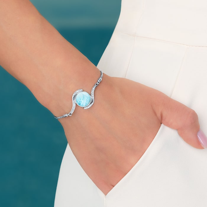 Silver Bolo Bracelet with larimar gemstones by marahlago jewelry