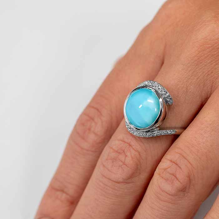 Larimar Sterling Silver Adella Ring Marahlago Jewelry round Gemstone White Sapphire