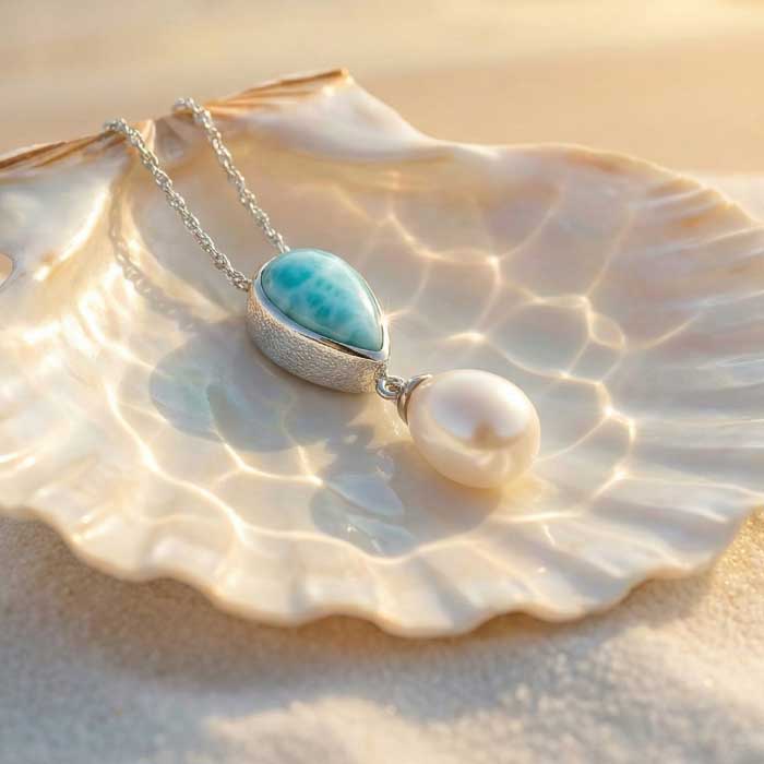 Pearl Necklace with larimar