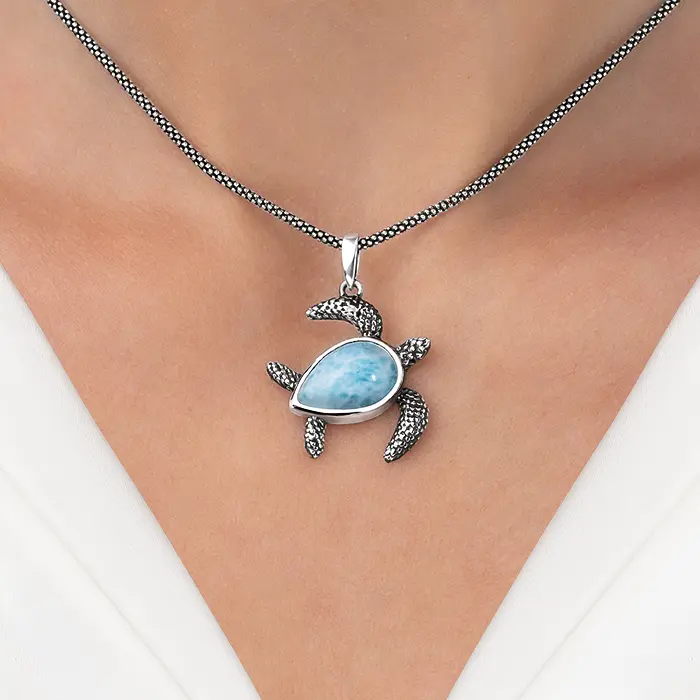 Turtle Pendant sterling silver Marahlago Larimar Jewelry | Honu 