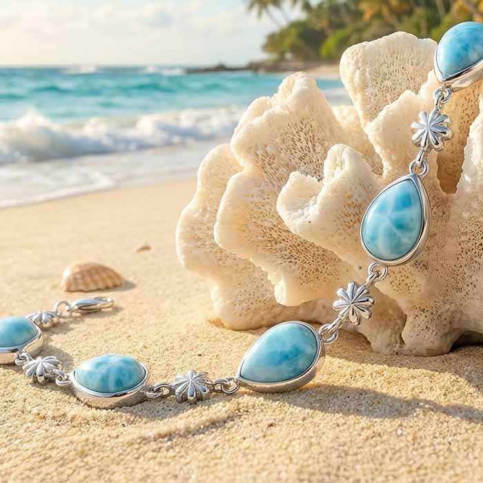 Larimar Sterling Silver ML Logo Adjustable Link Bracelet Marahlago Jewelry pear Gemstone 