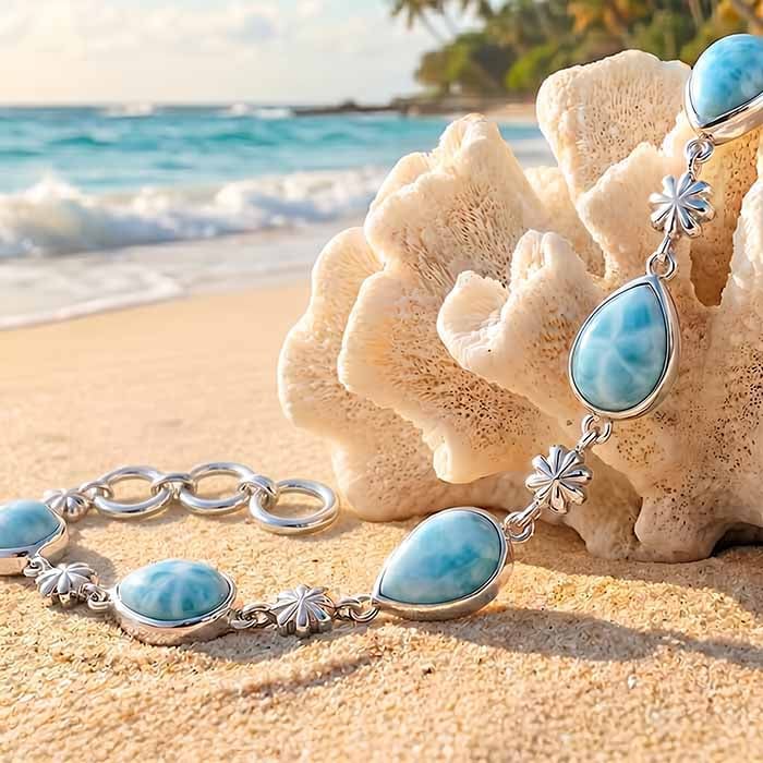 Larimar Sterling Silver ML Logo Adjustable Link Bracelet Marahlago Jewelry pear Gemstone 