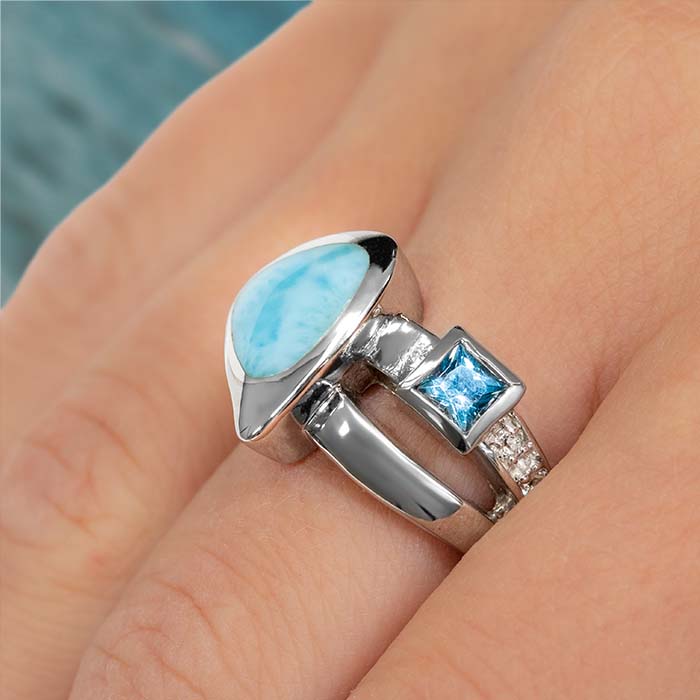 Blue Topaz Larimar Sterling Silver Curva Ring Marahlago Jewelry White Topaz