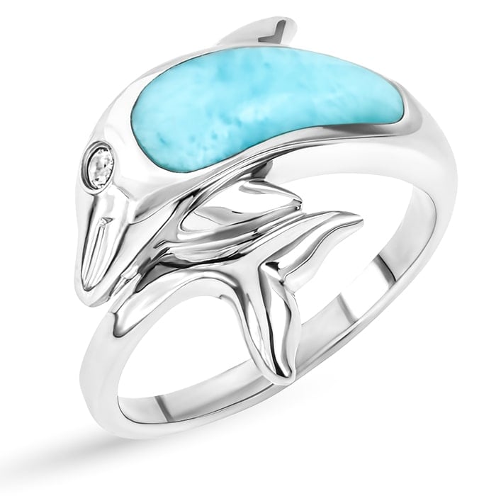 Dolphin Ring in sterling silver with larimar stones by Marahlago Jewelry