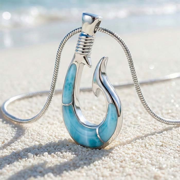 Fish Hook Necklace in sterling silver and larimar 