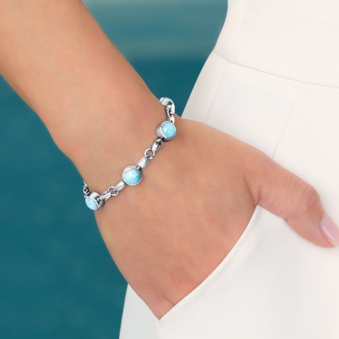 Larimar Sterling Silver Liquido Adjustable Link Bracelet Marahlago Jewelry round Gemstone 
