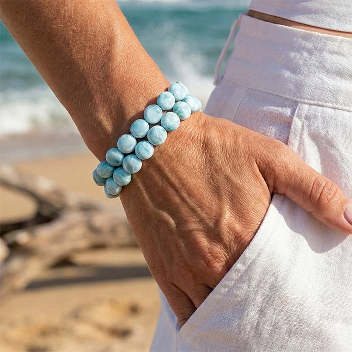 Authentic Larimar sliding Adjustable Bracelet Marahlago fine Jewelry Round Natural Gemstone Coin Beads Macrame braided