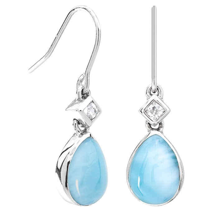 Larimar Stone Sterling Silver Luminara Drop Dangle Earrings Marahlago Jewelry Teardrop Gemstone White Sapphire 