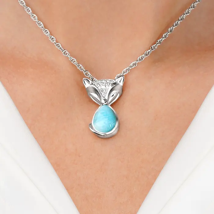 Fox Pendant Necklace with Larimar Gemstone