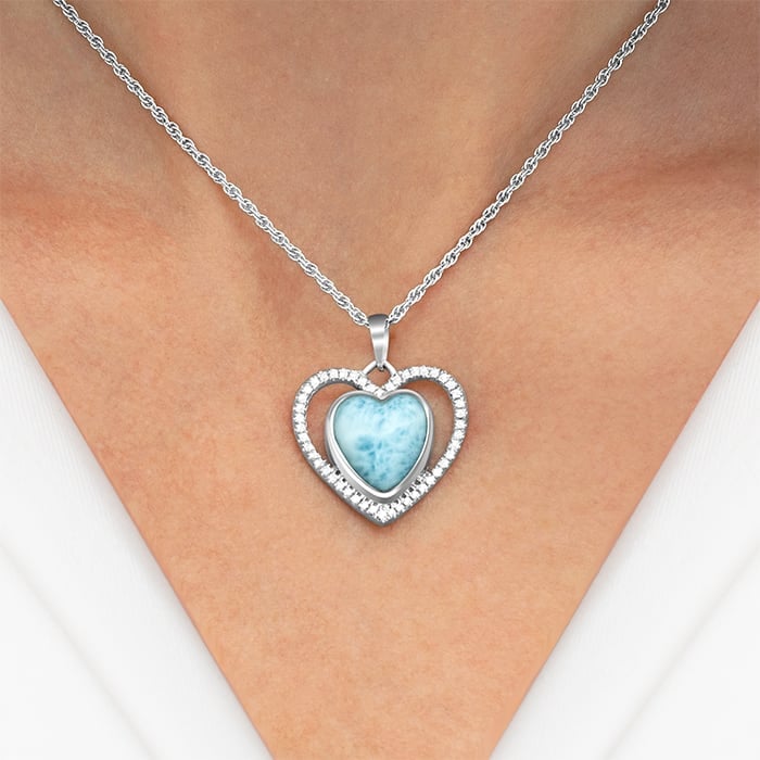 Infinity heart necklace with White Sapphire and larimar by Marahlago. 