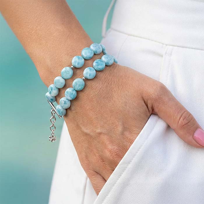 Larimar Sterling Silver Seafoam Adjustable Link Bracelet Marahlago Jewelry round Gemstone 